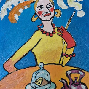 obraz ręcznie malowany portret pióra nad głową, cisza na stole