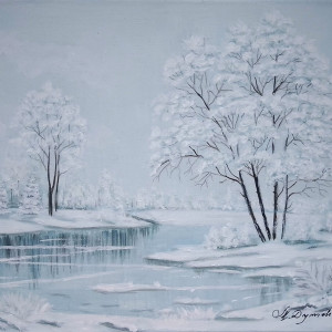 OBRAZ RĘCZNIE MALOWANY AKRYLOWY "ŚNIEŻNA CISZA" - 30x40cm