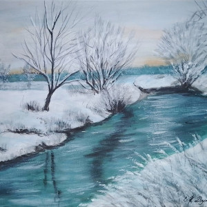 OBRAZ RĘCZNIE MALOWANY AKRYLOWY "POD BIAŁĄ PIERZYNĄ" - 30x40cm