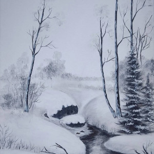 OBRAZ RĘCZNIE MALOWANY AKRYLOWY "POD ŚNIEŻNĄ POKRYWĄ" - 40x30cm