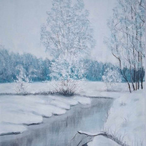 OBRAZ RĘCZNIE MALOWANY AKRYLOWY "ZAŚNIEŻONY BŁĘKIT" - 40x30cm