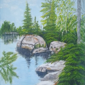 OBRAZ RĘCZNIE MALOWANY AKRYLOWY "MIĘDZY SKAŁAMI" - 30x24cm