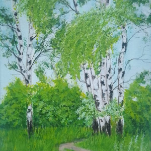 OBRAZ RĘCZNIE MALOWANY AKRYLOWY "W BRZOZOWISKU" - 30x24cm