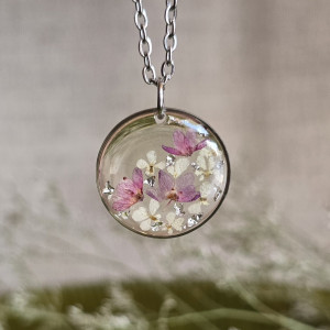 Wieczne kwiaty bukiet kwiatowy łąka srebrna zawieszka srebrny wisiorek kwiat naszyjnik żywica z żywicy kwiaty różowe