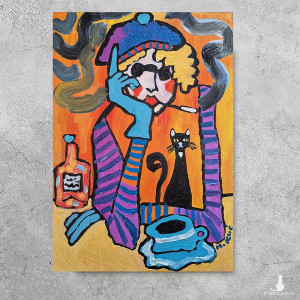 obraz ręcznie malowany portret czarny kot zna odpowiedź