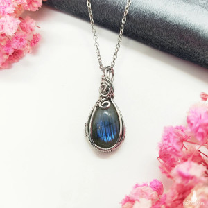 Naszyjnik Labradoryt Mini stal chirurgiczna wisiorek handmade wirewrapping