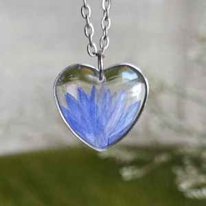 Serce serduszko Srebrna zawieszka srebrny wisiorek naszyjnik żywica z żywicy kwiaty z kwiatami retro naturalna dziewczęca kobieca chabry chabr