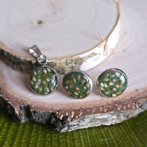 Komplet kolczyki zawieszka wieczne kwiaty wrzos zielony