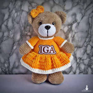 Szydełkowy miś Iga 32cm w ciemnożółtej sukience (na zamówienie)