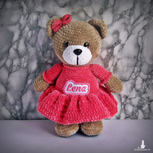 Szydełkowy miś Lena 32cm w amarantowej sukience (na zamówienie)
