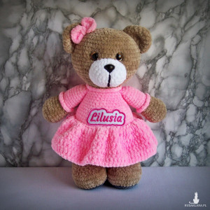 Szydełkowy miś Lilusia 32cm w różowej sukience (na zamówienie)