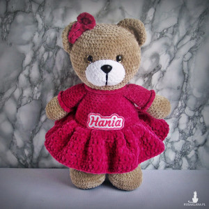 Szydełkowy miś Hania 32cm w sukience fuksja (na zamówienie)