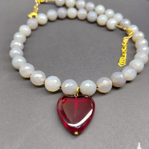 Naszyjnik Agat Szary Z Czerwonym Sercem