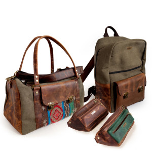 PREZENT ŚLUBNY Zestaw toreb podróżnych Crazy Horse brązowa skóra bydlęca, wojskowy brezent, plecak, torba, dwie nerki