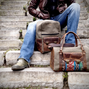 PREZENT ŚLUBNY Zestaw toreb podróżnych Crazy Horse brązowa skóra bydlęca, wojskowy brezent, plecak, torba