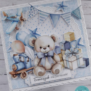 Kartka na roczek dla chłopca z misiem, personalizacja