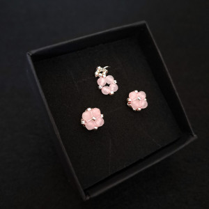 Komplet Biżuterii - Kolczyki Sztyfty i Zawieszka - Kwarc Różowy