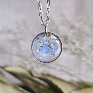 Niezapominajki srebrna zawieszka srebrny wisiorek naszyjnik żywica z żywicy kwiaty z kwiatami retro naturalna dziewczęca kobieca niezapominajkami