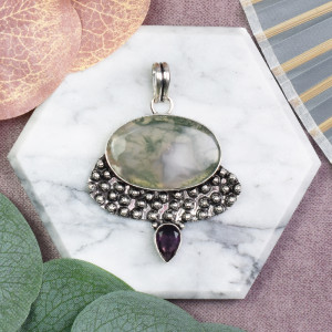 Posrebrzany miedziany ozdobny wisiorek z agatem mszystym i ametystem #591