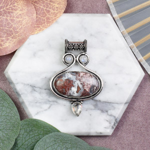 Posrebrzany miedziany delikatny ozdobny wisiorek z agatem, kamieniem księżycowym i topazem #601