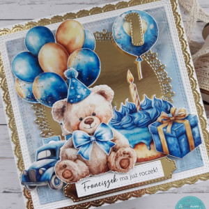 Kartka na roczek dla chłopczyka z misiem, personalizacja
