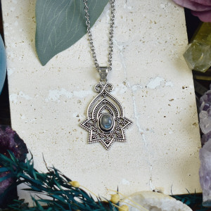 Posrebrzany miedziany wisiorek z labradorytem - etniczny, boho #668