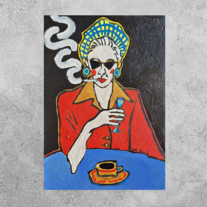 obraz ręcznie malowany portret damy kobieta z czarnego tła