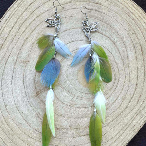 Kolczyki z piór pióra naturalne boho hippie etno indiańskie srebrne zielone turkusowe