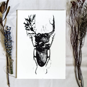 Linoryt „Żuk” – ręcznie wykonana grafika owada w stylu artystycznym