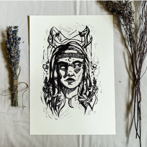 Linoryt „Dziewanna –ręcznie wykonana grafika słowiańskiej bogini wiosny, lasów, łowów