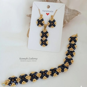 Czarno-złoty komplet z kryształkami Fire Polish - wykończenia ze stali szlachetnej