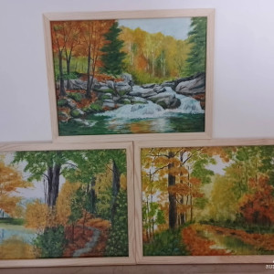 ZESTAW RĘCZNIE MALOWANYCH OBRAZÓW Z RAMAMI - TRYPTYK JESIENNY POLSKI PEJZAŻ - 3x 40x30cm