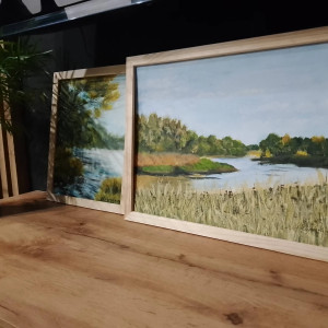 ZESTAW RĘCZNIE MALOWANYCH OBRAZÓW Z RAMAMI - DYPTYK NOSTALGICZNY SCHYŁEK LATA, POLSKI PEJZAŻ 30x40cm, 24x30cm