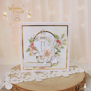 Kartka komunijna, Pamiątka Pierwszej Komunii, prezent "Rose Wine 1" GOTOWA