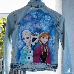ręcznie malowana custom kurtka jeansowa FROZEN Elsa i Anna