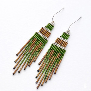 Etno kolczyki boho z koralików oliwkowo beżowe - Ticala