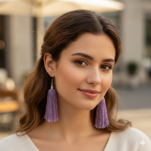 Kolczyki Frędzle LILI Eleganckie Kolczyki Chwosty z Koralików - Intensywny Fiolet