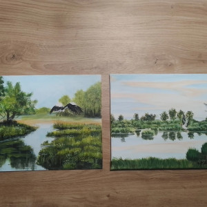WYPRZEDAŻ KOLEKCJI - ZESTAW RĘCZNIE MALOWANYCH OBRAZÓW - NATURA I PTAKI - 2x 24x30cm