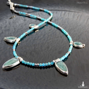 Naszyjnik srebrny z kyanitem, apatytem i hematytem