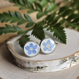 Srebrne kolczyki wkręty sztyfty żywica z żywicy kwiaty z kwiatami suszone prawdziwe kwiaty retro vintage kobiece na prezent delikatne niebieskie niezapominajki niezapominajkami