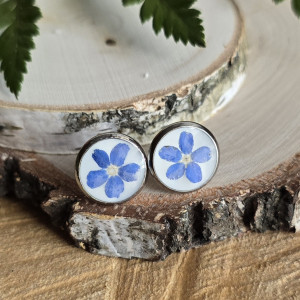 Srebrne kolczyki wkręty sztyfty żywica z żywicy kwiaty z kwiatami suszone prawdziwe kwiaty retro vintage kobiece na prezent delikatne niebieskie niezapominajki niezapominajkami