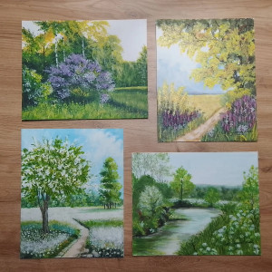 WYPRZEDAŻ KOLEKCJI - ZESTAW RĘCZNIE MALOWANYCH OBRAZÓW - KOLOROWO UKWIECONE - 3 + 1 gratis