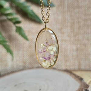 Złota zawieszka złoty wisiorek naszyjnik żywica z żywicy kwiaty z kwiatami jajowata retro naturalna delikatna dziewczęca kobieca kolorowa różowa