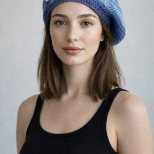 Wiosenny beret damski z antenką ręcznie robiony bawełna uniwersalny