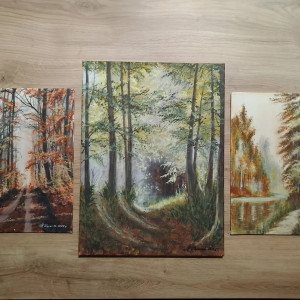 ZESTAW RĘCZNIE MALOWANYCH OBRAZÓW - TRYPTYK LEŚNY, POLSKI PEJZAŻ 1x 40x30cm, 2x 24x30cm