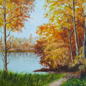 ZESTAW RĘCZNIE MALOWANYCH OBRAZÓW - DYPTYK JESIENNE DRZEWA, POLSKI PEJZAŻ 2x 24x30cm