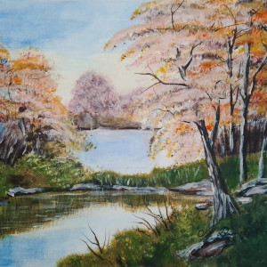 ŚLICZNY RĘCZNIE MALOWANY OBRAZ "W LILIOWYM POMARAŃCZU", POLSKI PEJZAŻ - 24x30cm