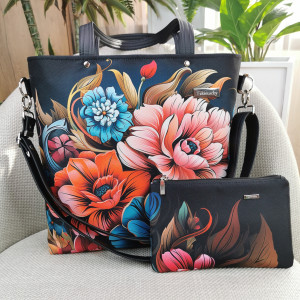 Torebka damska shopperka z kosmetyczką - kwiaty