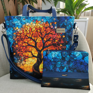 Torebka damska shopperka z kosmetyczką - mozaika drzewo
