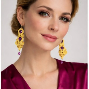 KOLCZYKI SUTASZ złoto beż fiolet 100% hand made